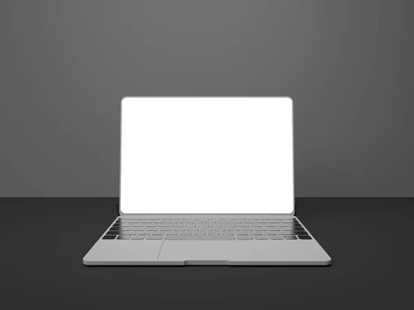 Φορητό υπολογιστή με λευκή οθόνη που απομονώνονται σε γκρι φόντο 3d απεικόνιση καθιστούν — Φωτογραφία Αρχείου