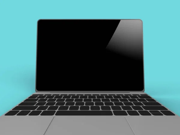 Laptop con pantalla negra aislada sobre fondo azul 3D ilustración render — Foto de Stock