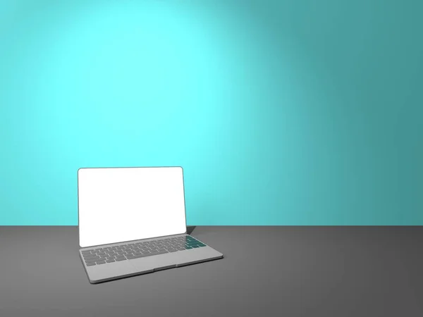 Φορητό υπολογιστή με λευκή οθόνη που απομονώνονται σε μπλε φόντο 3d απεικόνιση καθιστούν — Φωτογραφία Αρχείου