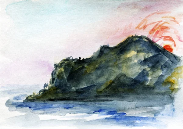 Mão desenhada aquarela montanha costa Laandscape — Fotografia de Stock