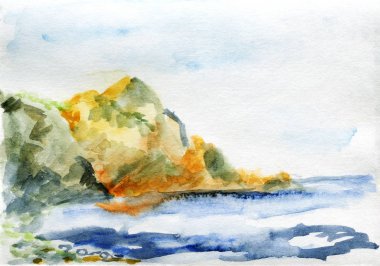 Elle çizilmiş Suluboya Dağ Deniz Kıyısı Güneşli Hava