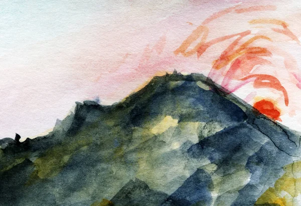 Acuarela dibujada a mano Montaña Sunrise Sea Shore. Textura rocosa . —  Fotos de Stock