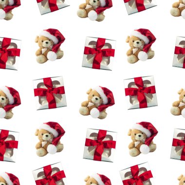 Kırmızı hediye kutuları ve sevimli yumuşak fare oyuncaklarıyla kusursuz bir kış şablonu. Hediyelerle dolu düz bir Noel arkaplanı. Kumaş tasarımı