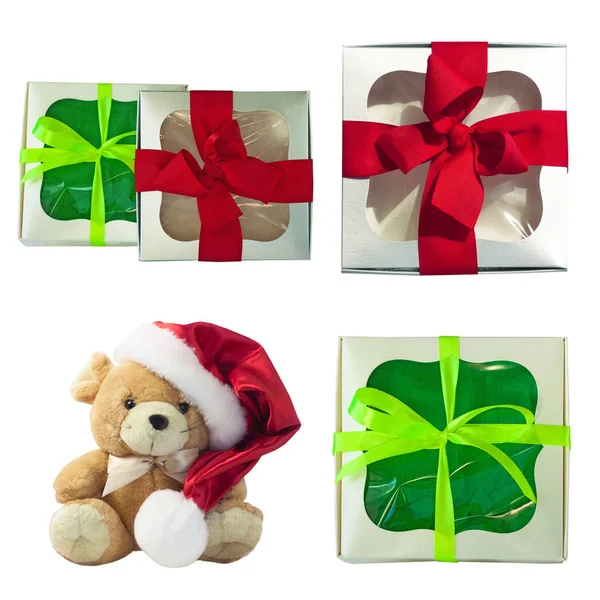 Padrão de inverno sem costura com caixas de presente vermelho e bonito rato macio toy.Flat fundo de Natal com presentes. Desenho de tecido — Fotografia de Stock