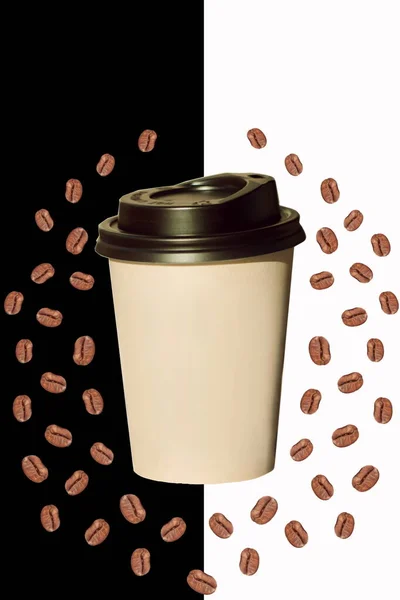 Paper cup with coffee beans levitation isolated on a black and white background.Coffee to go poster.Copy space