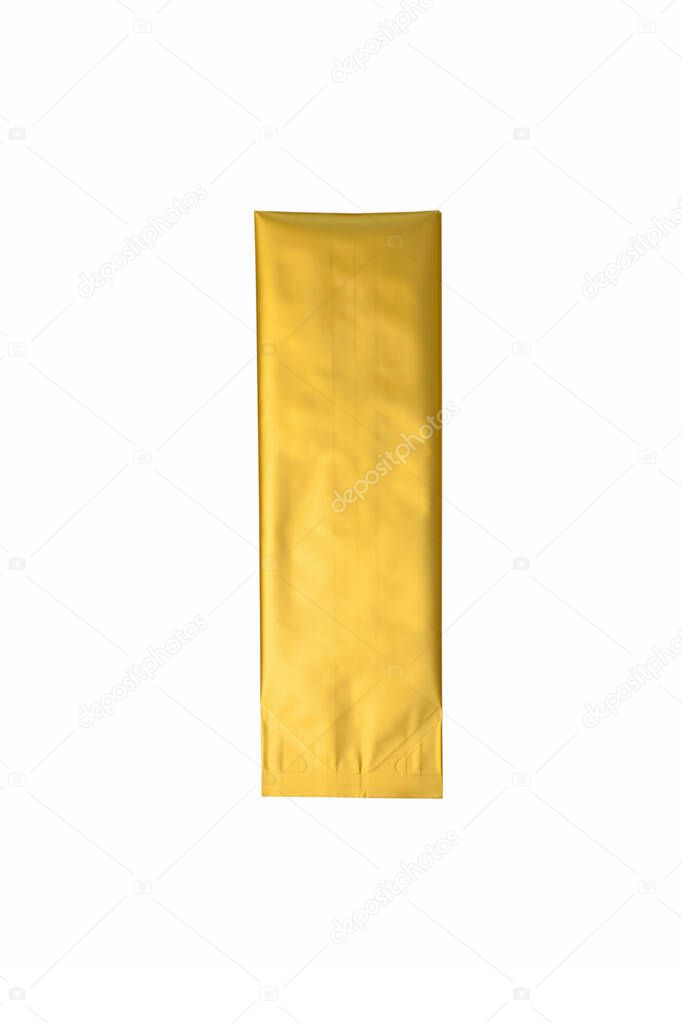 Golden metalized side gusset pouch bag isolated on white background. Empty blank foil coffee packaging template mockup.