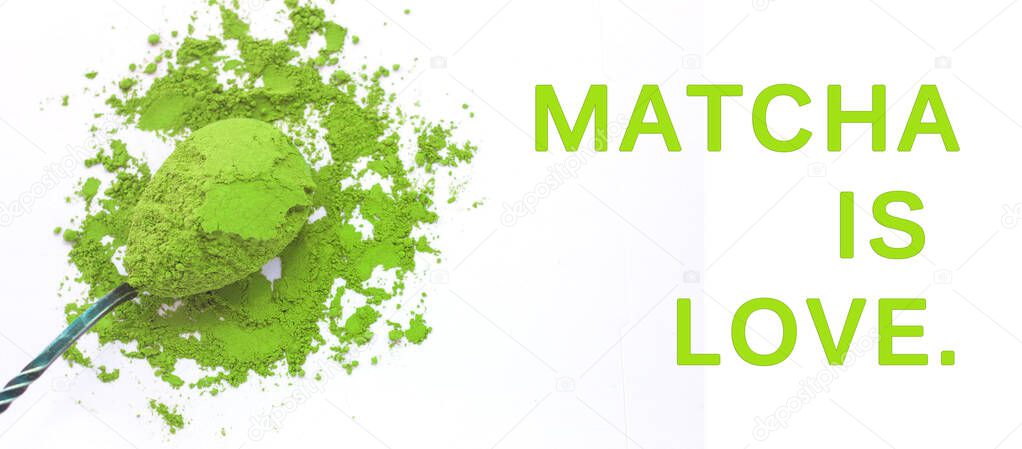 Matcha green tea header isolated on a white background. Site design. Healthy drinks, weightloss remedy,flatlay,top view.