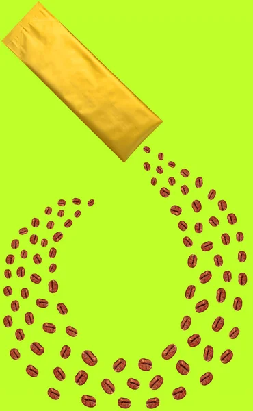 Goldene Zwickeltasche mit eingießenden Kaffeebohnen isoliert auf lindgrünem Hintergrund. — Stockfoto