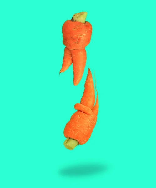Уродливая еда. Deformed carrots on trendy aqua turquoise background.Food waste problem concept.Minimal flatlay, pop art style — стоковое фото