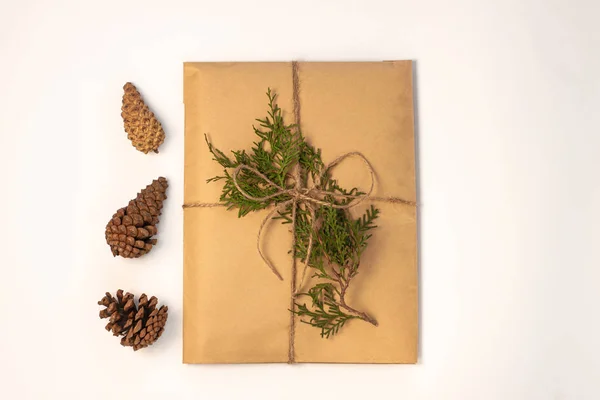 Eco regalo caja envoltura en papel kraft sobre fondo blanco aislado. Composición regalo decorado ramas de árbol de Navidad . — Foto de Stock