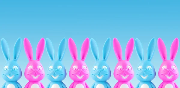Funny colorful bunnies on white background. Easter banner,web site header. Pink and blue rabbits creative minimal style. — Stok fotoğraf