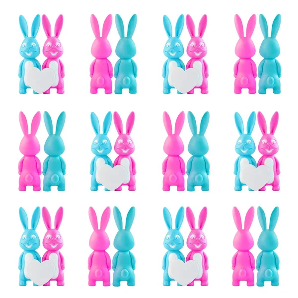 Pembe ve mavi tavşan deseni. Şirin tavşanlar seti, beyaz arka planda kalbi olan mutlu aşıklar çifti. Paskalya bayrağı. — Stok fotoğraf