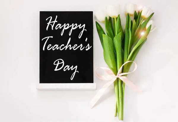 Internanional Teacher Day Poster Design Sign Black Chalkboard Tulip Flowers — Photo