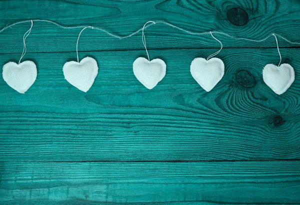 White Hearts Turquoise Blue Duotone Color Wooden Background Valentines Day — Stock Photo, Image