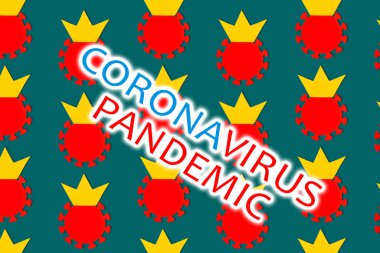 Coronavirus hastalığı pandemik pankartı. Kırmızı Covid-2019 molekülü turkuaz arka planda sarı taç düzenli desenli. Dünya Corona virüsü 2019 ncov tehlike konsepti. Tıbbi blog web sitesi haberleri.
