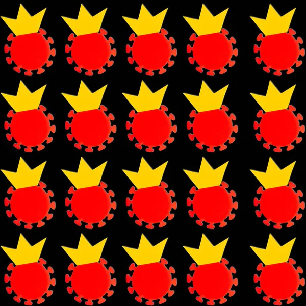 Red Molecule Covid 2019 Yellow Crown Regular Pattern Black Background — Stock Photo, Image