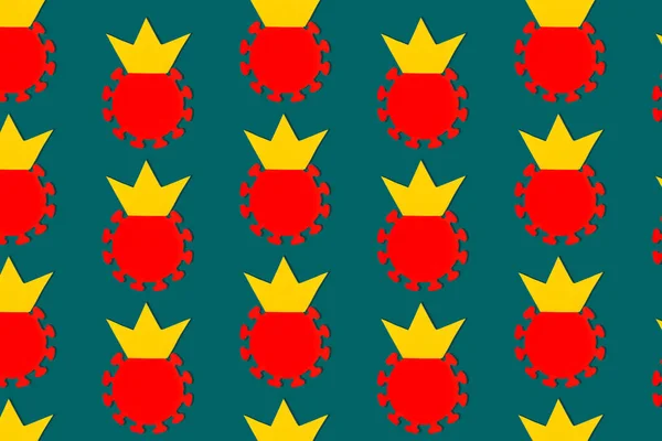 Red Molecule Covid 2019 Yellow Crown Regular Pattern Turquoise Background — Stock Photo, Image