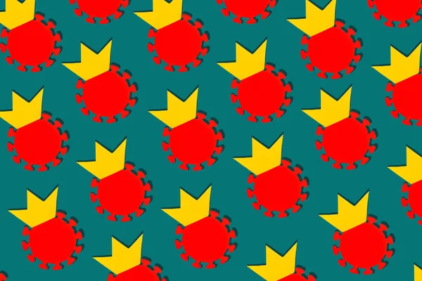 Red Molecule Covid 2019 Yellow Crown Regular Pattern Turquoise Background — Stock Photo, Image