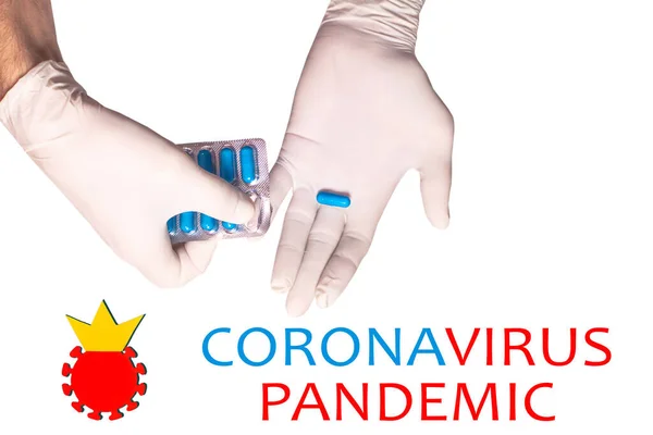 Coronavirus Covid 2019 Medici Mani Guanti Gomma Possesso Piatto Pillole — Foto Stock
