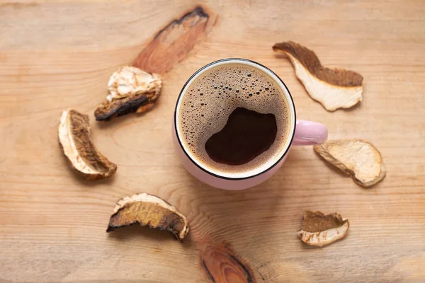 Champignon Café Chaga Superfood Champignons Secs Fraîchement Infusés Tasse Rose — Photo