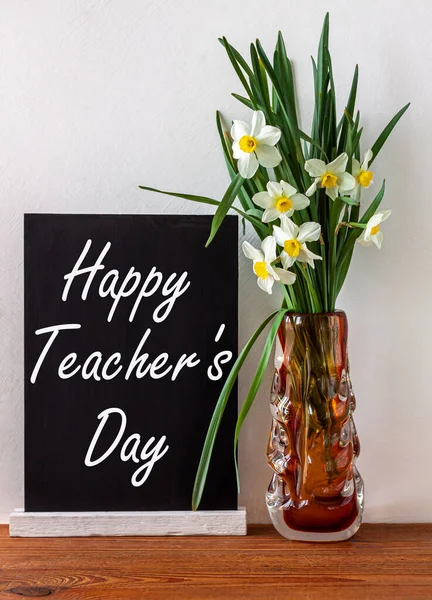Internanional Teacher Day Poster Design Sign Black Chalkboard Jaffodils Flowers — Photo