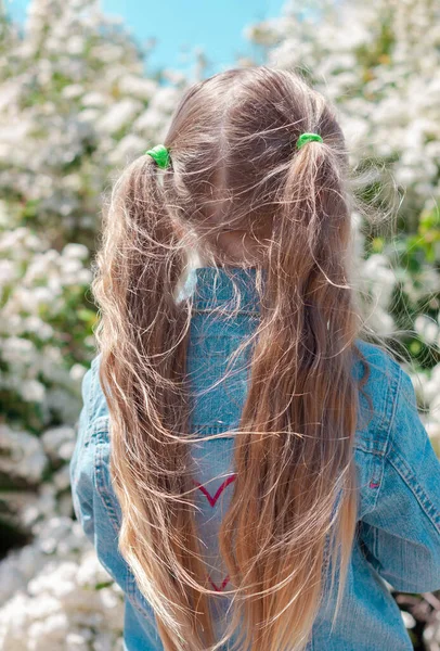Beautiful Little Girl Long Blond Hair Two Ponytails Blue Denim — Stock Photo, Image