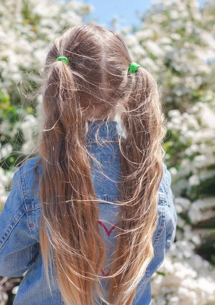 Beautiful Little Girl Long Blond Hair Two Ponytails Blue Denim — Stock Photo, Image