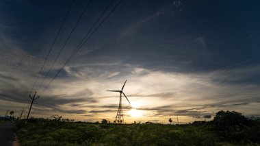 Buğday tarlasında elektrik üretimi için yel değirmenleri