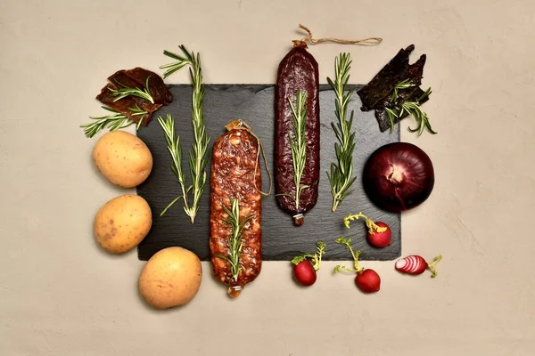 Uncooked Smoked Sausage Beaver Roe Deer Sprigs Rosemary Pieces Jerky — Stock Photo, Image