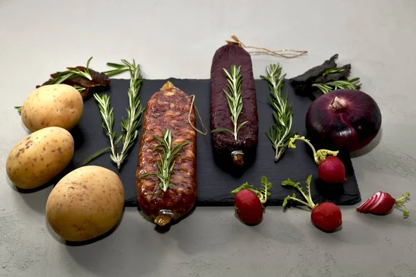 Raw Smoked Beaver Sausage Roe Deer Sprigs Rosemary Pieces Jerky — Stock Photo, Image