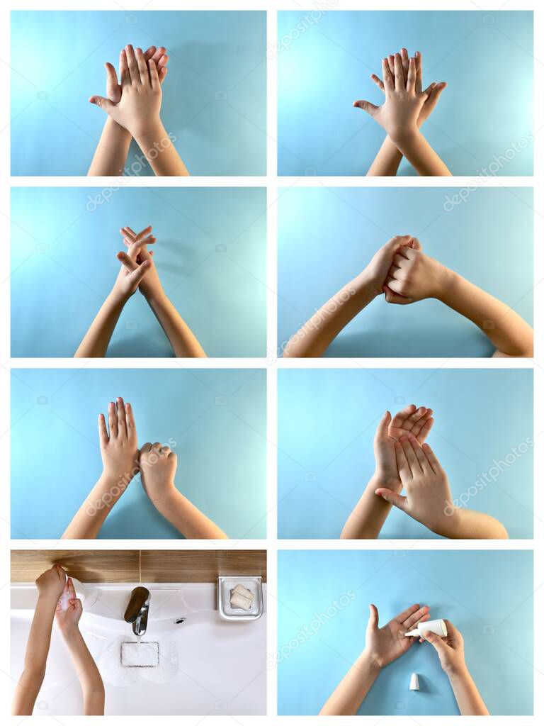  Collage instruction with a white vertical frame. The child washes his hands with soap, applies an antiseptic, shows the zones of contamination with gestures.