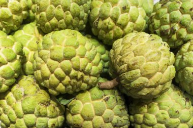 Egzotik tropik bitki, Asya meyvesi. Cherimoya tatlı meyvesi. Kremalı taze elma veya şeker elması, Annona. Arkaplan.