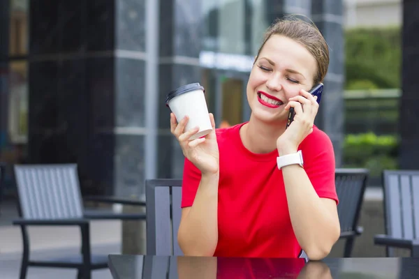 Happy Positive Girl Young Cheerful Woman Red Smiling Relaxing Enjoying — Stock Photo, Image