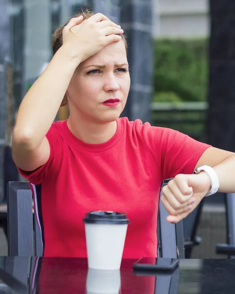 Beautiful Sad Upset Nervous Girl Holding Head Hand Remembered She — Stock Photo, Image