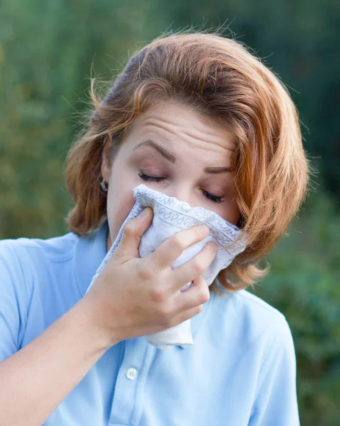 Vertical Photo Portrait Sick Girl Sneezing Blowing Wipe Outdoors Ill — Stock Photo, Image