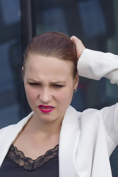 Vertical Portrait Sad Businesswoman Suffer Female Outdoor Tired Exhausted Work — Stock Photo, Image