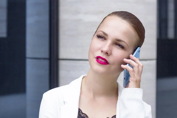 Portrait Pensive Serious Thoughtful Businesswoman Talking Cell Phone Looking Distance — Stock Photo, Image