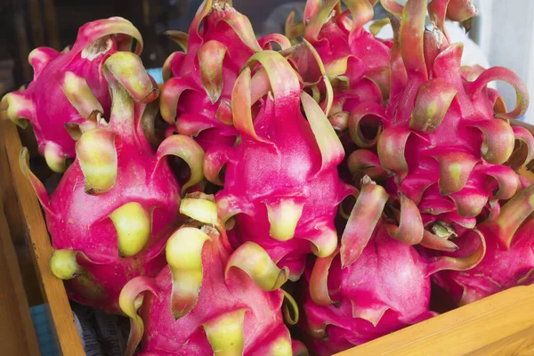 Group of fresh ripe red or pink dragon fruits. Pitaya or pitahaya in wooden box. container in market, shop or store. Exotic, tropical fruits. Cactus.