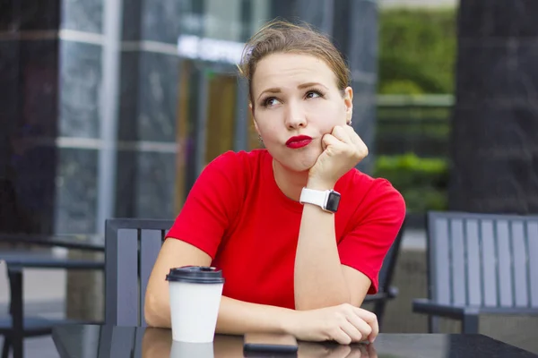 Thoughtful Lonely Pensive Bored Girl Young Beautiful Woman Sitting Cafe — Stock Photo, Image