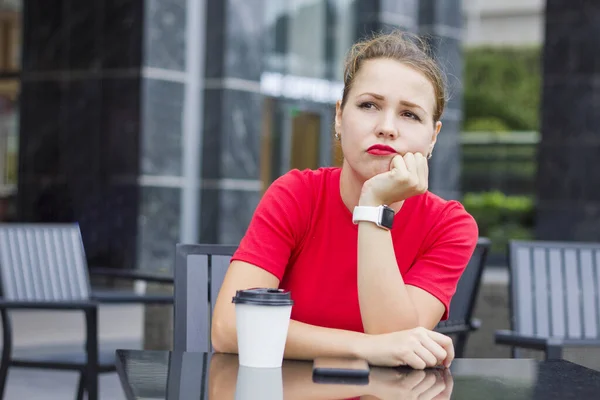 Lonely Sad Pensive Frustrated Woman Sitting Cafe Outdoors Cup Coffee — Stock Photo, Image