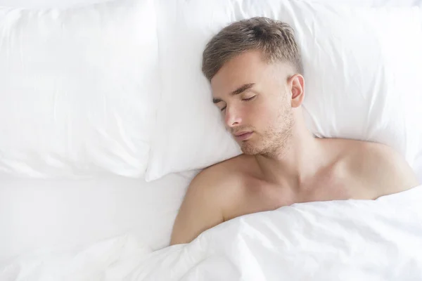 Beautiful handsome bearded guy, young man, male lying in bed, bedroom at home, sleeping alone on his back on white pillow covered with blanket. Healthy well sleep concept. Top view, copy space