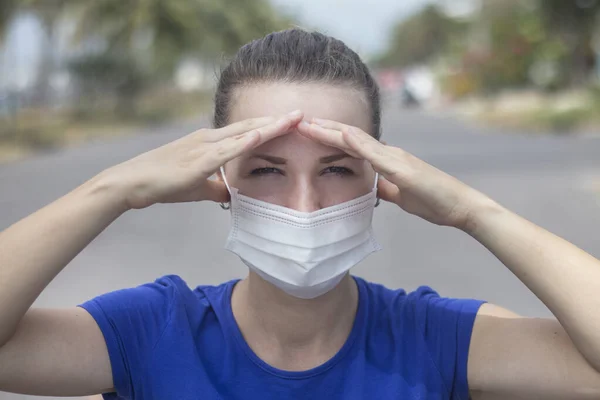 Serious Girl Protective Medical Sterile Face Mask Looking Camera Far — Stock Photo, Image