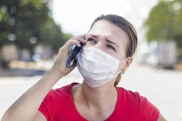 Girl Anxious Woman Protective Sterile Medical Mask Her Face Calling — Stock Photo, Image