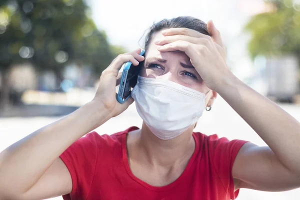 Sick Ill Girl Anxious Woman Mask Suffering Heat Headache Calling — Stock Photo, Image