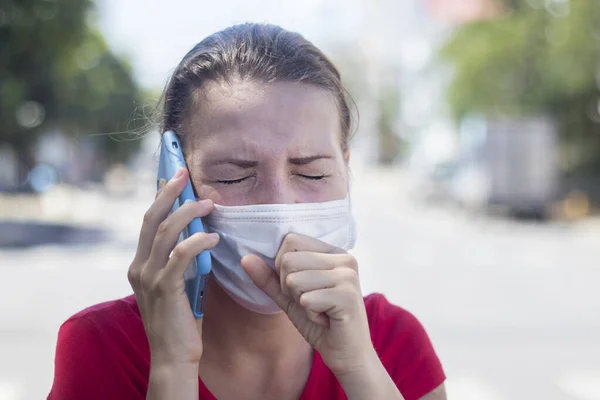 Girl Young European Woman Protective Sterile Medical Mask Her Face — Stock Photo, Image