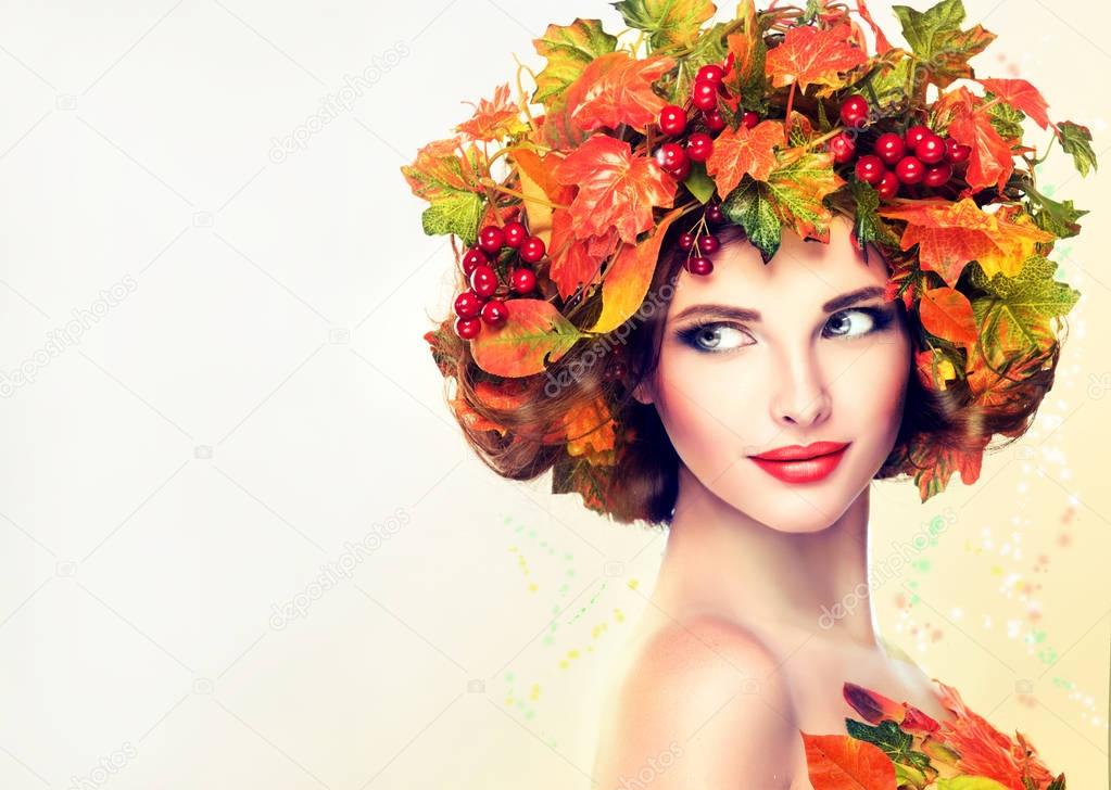 woman  with Makeup and autumn Leaves