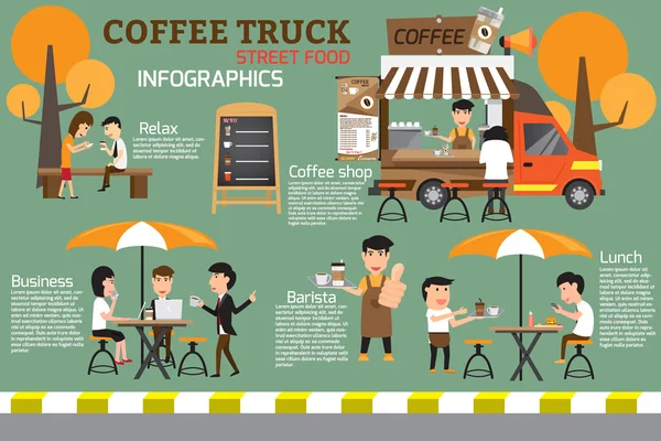 Kaffe foodtruck på gatan infographics. koppla av och vila — Stock vektor