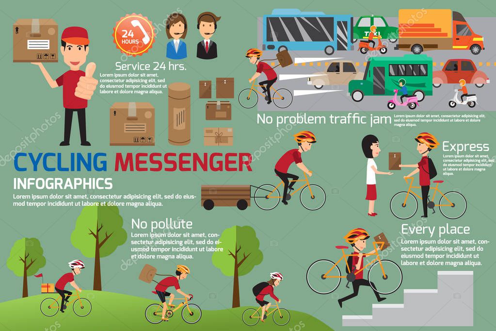 Cycling messenger infographics. man and woman cyclist with courier delivery bag riding bicycle on street. Delivery service concept. vector illustration.
