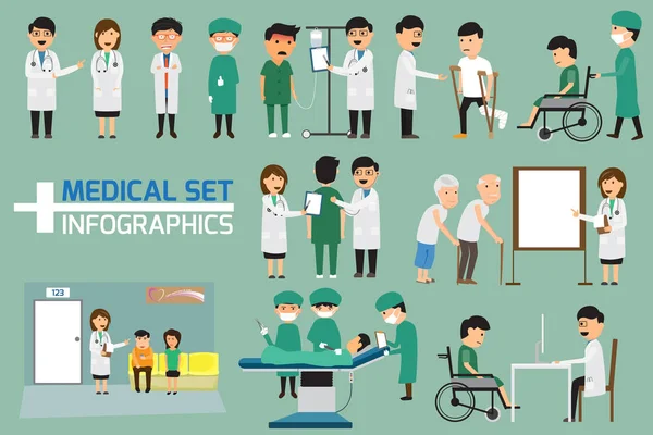 医生和病患者的各种姿势为大家所设置的医疗 — 图库矢量图片