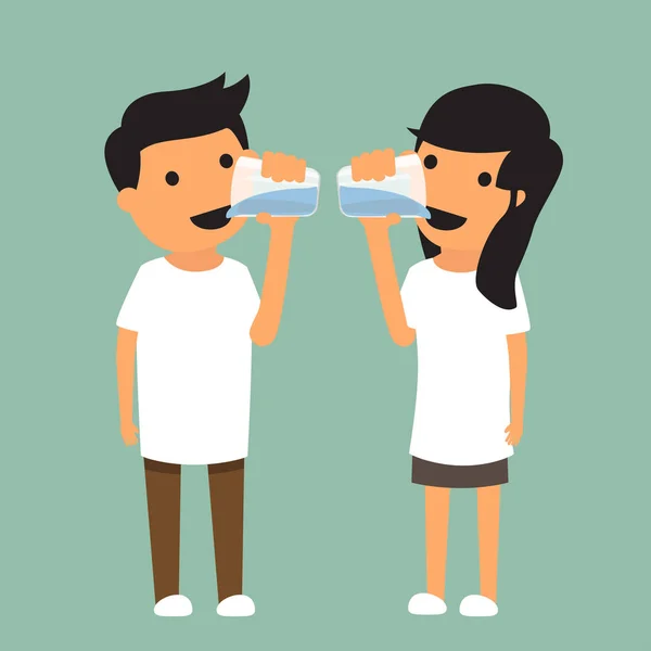 Man and woman drink enough water in health concept. vector illus — Stock Vector